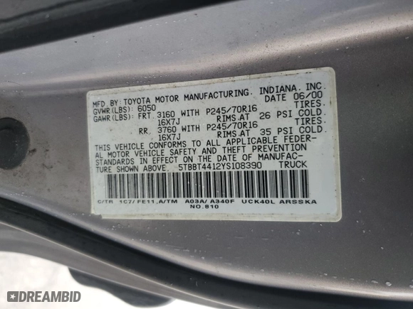 2000 Toyota Tundra SR5 with VIN 5TBBT4412YS108390, listed as a Copart auction lot 52631775 with 166,137 mi miles and Salvage Title. Bid and sale history available at carsss.com. Image 12.