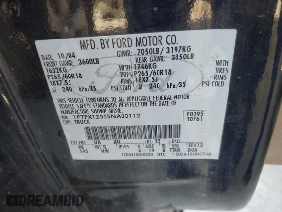 2005 Ford F-150 XLT с VIN 1FTPX12555NA33112, выставлен на аукционе IAAI как лот 42489921 с пробегом 247 309 миль миль и . История ставок и продаж доступна на DreamBid. Изображение 9.