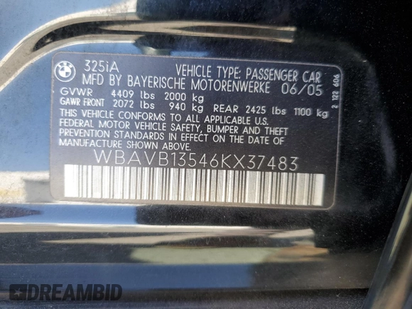 2006 BMW 3 Series 325i with VIN WBAVB13546KX37483, listed as a Copart auction lot 62717615 with 154,957 mi miles and Salvage title. Bid and sale history available at DreamBid. Image 12.