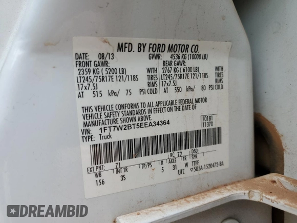 2014 Ford F-250 XL с VIN 1FT7W2BT5EEA34364, выставлен на аукционе Copart как лот 59466615 с пробегом 204 894 миль миль и Списание • Salvage title. История ставок и продаж доступна на DreamBid. Изображение 12.