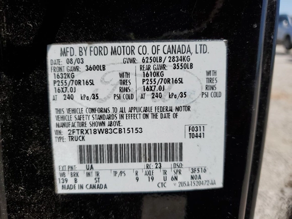 2003 Ford F-150 XL z VIN 2FTRX18W83CB15153, wystawiony jako Copart lot #52976575 z przebiegiem Nie podano mil oraz Szkoda całkowita • Salvage title. Historia ofert i sprzedaży dostępna na DreamBid. Obrazek 12.