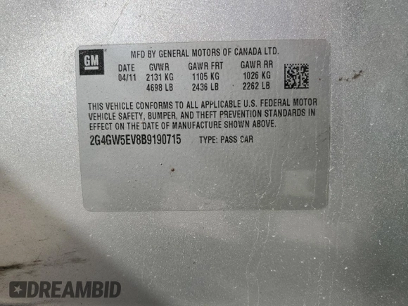2011 Buick Regal with VIN 2G4GW5EV8B9190715, listed as a Copart auction lot 45651395 with 157,996 mi miles and Clean Title. Bid and sale history available at DreamBid. Image 12.