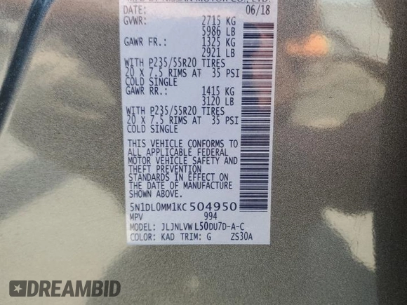 2019 Infiniti QX60 Luxe with VIN 5N1DL0MM1KC504950, listed as a Copart auction lot 61621525 with 95,199 mi miles and Salvage title. Bid and sale history available at DreamBid. Image 13.