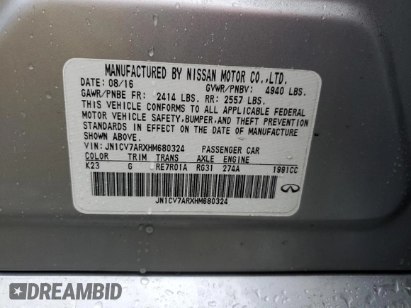 2017 Infiniti Q50 2.0t Premium with VIN JN1CV7ARXHM680324, listed as a Copart auction lot 49944555 with 100,630 mi miles and Salvage Title. Bid and sale history available at carsss.com. Image 14.