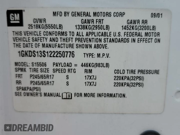2002 GMC Envoy SLE with VIN 1GKDS13S122250776, listed as a Copart auction lot 72793854 with 171,575 mi miles and Salvage Title. Bid and sale history available at carsss.com. Image 13.