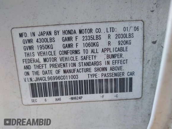 2006 Acura TSX Navi with VIN JH4CL96996C011003, listed as a IAAI auction lot 42021469 with 227,473 mi miles and . Bid and sale history available at DreamBid. Image 9.