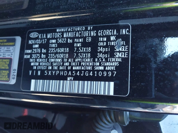 2018 Kia Sorento EX with VIN 5XYPHDA54JG410997, listed as a IAAI auction lot 41332269 with 163,742 mi miles and . Bid and sale history available at carsss.com. Image 9.