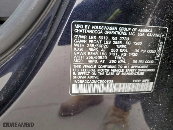 2021 Volkswagen Atlas 3.6L V6 SEL with VIN 1V2BR2CA2MC500839, listed as a Copart auction lot 48230795 with 39,398 mi miles and Salvage Title. Bid and sale history available at carsss.com. Image 14.