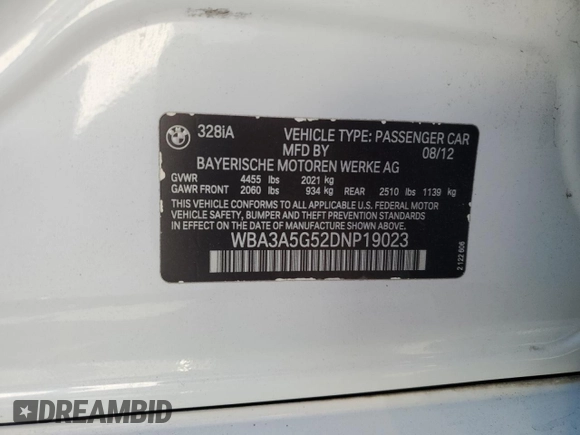 2013 BMW 3 Series 328i с VIN WBA3A5G52DNP19023, выставлен на аукционе Copart как лот 54585875 с пробегом 153 231 миль миль и Списание • Salvage title. История ставок и продаж доступна на DreamBid. Изображение 12.