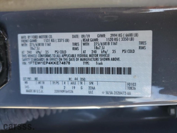 2019 Ford F-150 XL with VIN 1FTEW1EP4KKE74878, listed as a Copart auction lot 46430535 with 78,433 mi miles and Salvage Title. Bid and sale history available at carsss.com. Image 13.