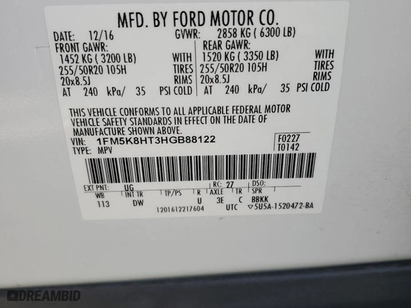 2017 Ford Explorer Platinum with VIN 1FM5K8HT3HGB88122, listed as a Copart auction lot 46646155 with 59,157 mi miles and Salvage Title. Bid and sale history available at carsss.com. Image 13.