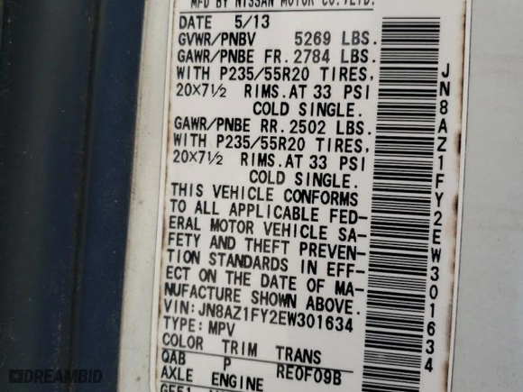 2014 Nissan Murano CrossCabriolet with VIN JN8AZ1FY2EW301634, listed as a Copart auction lot 47399005 with 60,758 mi miles and Salvage Title. Bid and sale history available at carsss.com. Image 12.