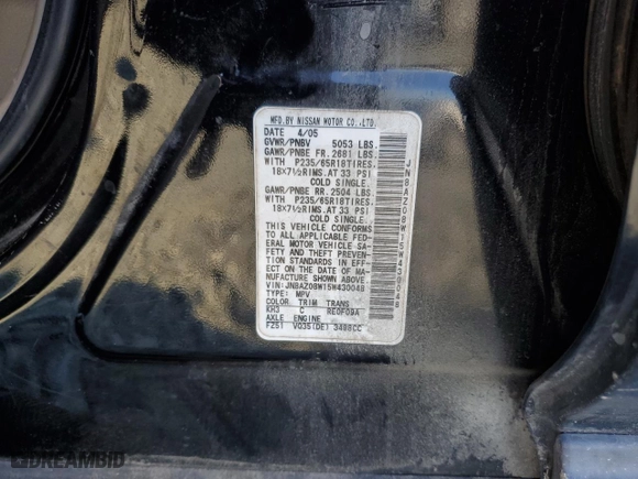 2005 Nissan Murano S with VIN JN8AZ08W15W430048, listed as a Copart auction lot 43046805 with 238,007 mi miles and Salvage Title. Bid and sale history available at carsss.com. Image 15.