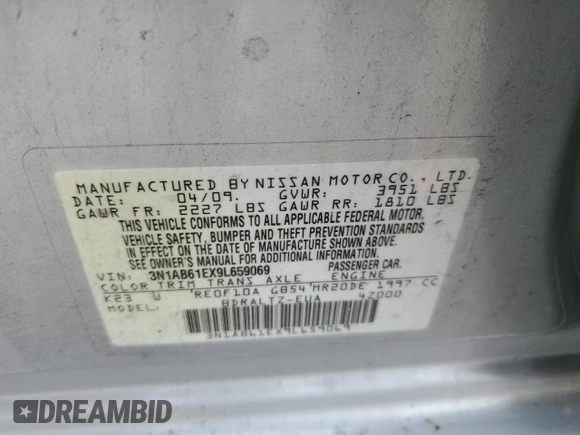 2009 Nissan Sentra FE+ with VIN 3N1AB61EX9L659069, listed as a Copart auction lot 51062155 with 185,841 mi miles and Salvage Title. Bid and sale history available at DreamBid. Image 12.
