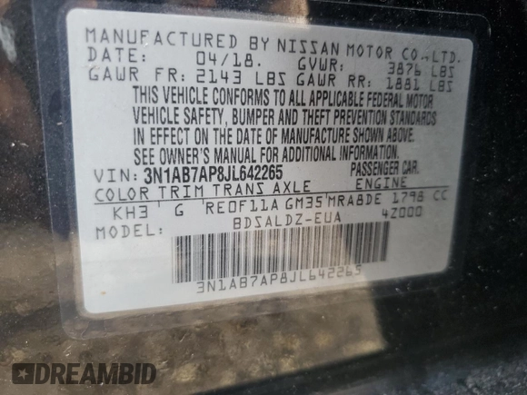 2018 Nissan Sentra SV with VIN 3N1AB7AP8JL642265, listed as a Copart auction lot 56076505 with 142,410 mi miles and Clean Title. Bid and sale history available at DreamBid. Image 12.