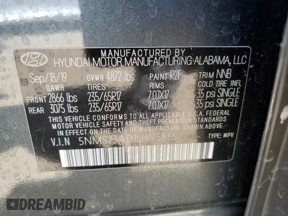 2020 Hyundai Santa Fe SE with VIN 5NMS23AD1LH175836, listed as a Copart auction lot 58008415 with 58,811 mi miles and Salvage title. Bid and sale history available at DreamBid. Image 13.