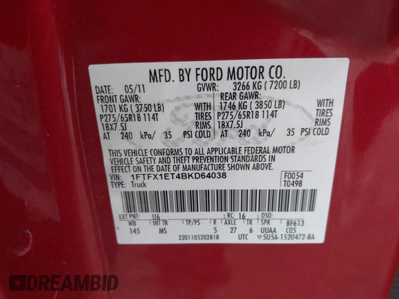 2011 Ford F-150 XL with VIN 1FTFX1ET4BKD64038, listed as a IAAI auction lot 41502320 with 174,635 mi miles. Bid and sale history available at carsss.com. Image 9.