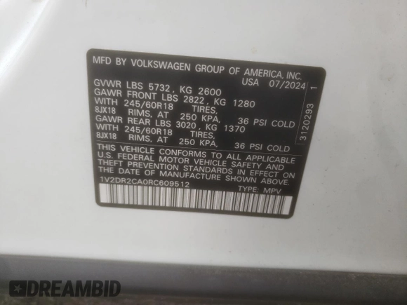 2024 Volkswagen Atlas SE with VIN 1V2DR2CA0RC609512, listed as a Copart auction lot 60120025 with 16,732 mi miles and Salvage title. Bid and sale history available at DreamBid. Image 14.
