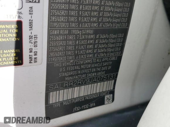 2018 Land Rover Discovery HSE with VIN SALRR2RV9JA075131, listed as a Copart auction lot 75483244 with 67,896 mi miles and Clean Title. Bid and sale history available at carsss.com. Image 13.