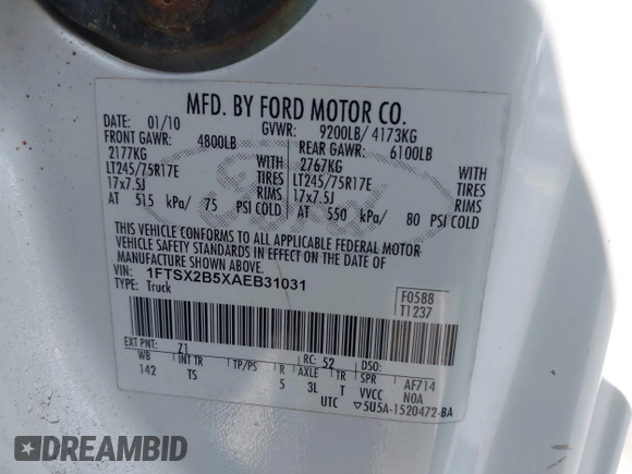 2010 Ford F-250 XL with VIN 1FTSX2B5XAEB31031, listed as a IAAI auction lot 42197472 with 227,966 mi miles and . Bid and sale history available at DreamBid. Image 9.