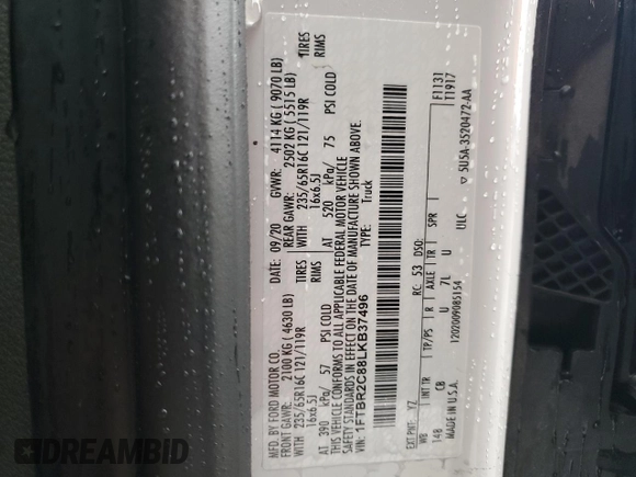 2020 Ford Transit Cargo z VIN 1FTBR2C88LKB37496, wystawiony jako Copart lot #54961444 z przebiegiem 79 838 mil mil oraz Szkoda całkowita • Salvage title. Historia ofert i sprzedaży dostępna na DreamBid. Obrazek 13.