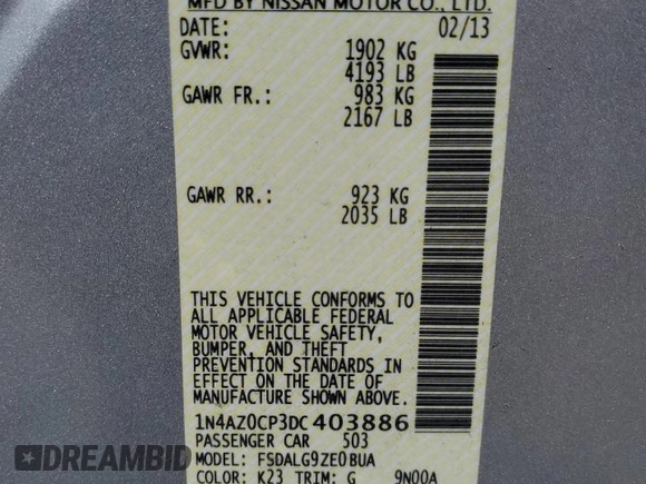 2013 Nissan LEAF SL with VIN 1N4AZ0CP3DC403886, listed as a Copart auction lot 54943805 with 58,196 mi miles and Clean title. Bid and sale history available at DreamBid. Image 12.