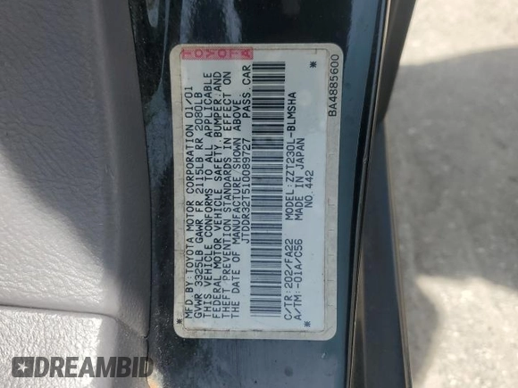 2001 Toyota Celica GT with VIN JTDDR32T510089727, listed as a Copart auction lot 53260815 with 199,076 mi miles and Salvage Title. Bid and sale history available at DreamBid. Image 13.