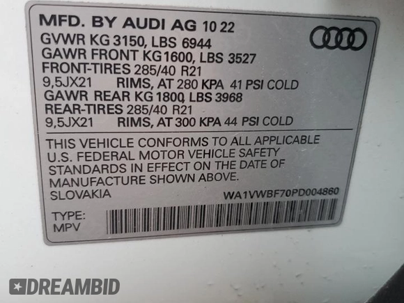 2023 Audi SQ7 Prestige with VIN WA1VWBF70PD004860, listed as a Copart auction lot 52455585 with Not Provided miles and Non Repairable. Bid and sale history available at DreamBid. Image 12.
