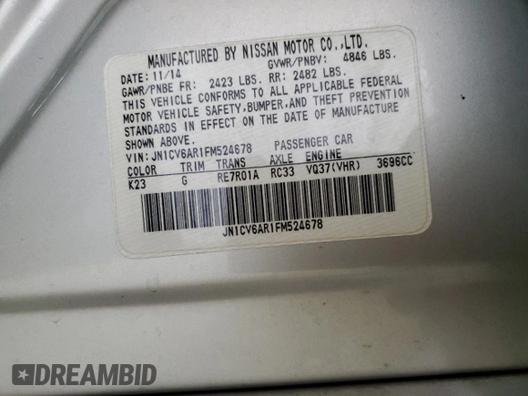 2015 Infiniti Q40 with VIN JN1CV6AR1FM524678, listed as a Copart auction lot 80853524 with 0 mi miles and Salvage Title. Bid and sale history available at carsss.com. Image 13.