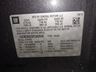 2015 Chevrolet Silverado 1500 LT with VIN 1GCRCREC5FZ402543, listed as a IAAI auction lot 41290500 with 136,079 mi miles. Bid and sale history available at carsss.com. Image 9.