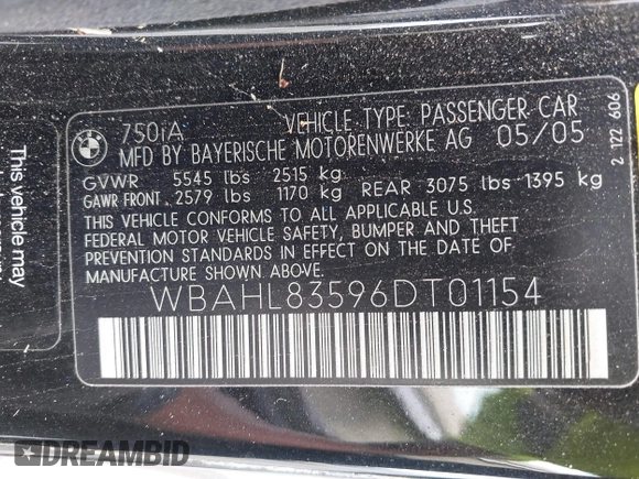 2006 BMW 7 Series 750i z VIN WBAHL83596DT01154, wystawiony jako IAAI lot #42353117 z przebiegiem 129 771 mil mil oraz . Historia ofert i sprzedaży dostępna na DreamBid. Obrazek 9.