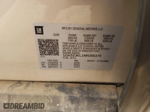 2021 GMC Yukon XL Denali with VIN 1GKS2JKL1MR206370, listed as a Copart auction lot 49702315 with 62,857 mi miles and Salvage Title. Bid and sale history available at carsss.com. Image 14.