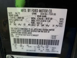 2012 Ford F-150 XL with VIN 1FTFW1EF3CFC38227, listed as a Copart auction lot 54176145 with 161,670 mi miles and Salvage Title. Bid and sale history available at carsss.com. Image 12.
