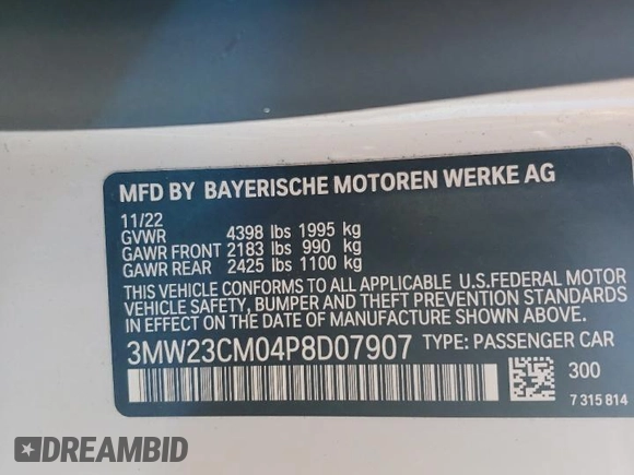 2023 BMW 2 Series 230i with VIN 3MW23CM04P8D07907, listed as a Copart auction lot 87959825 with 32,390 mi miles and Salvage Title. Bid and sale history available at carsss.com. Image 12.