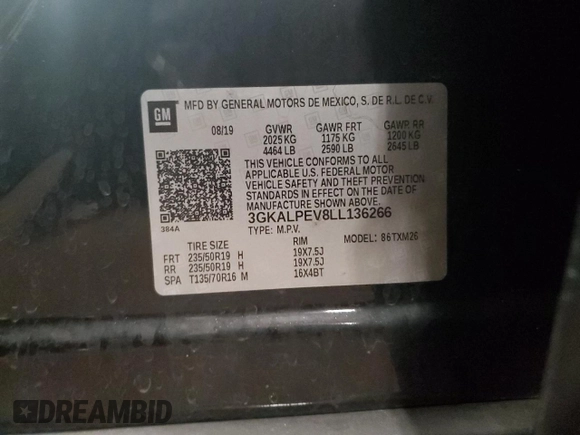 2020 GMC Terrain SLT z VIN 3GKALPEV8LL136266, wystawiony jako Copart lot #61174425 z przebiegiem 47 250 mil mil oraz Szkoda całkowita • Salvage title. Historia ofert i sprzedaży dostępna na DreamBid. Obrazek 14.