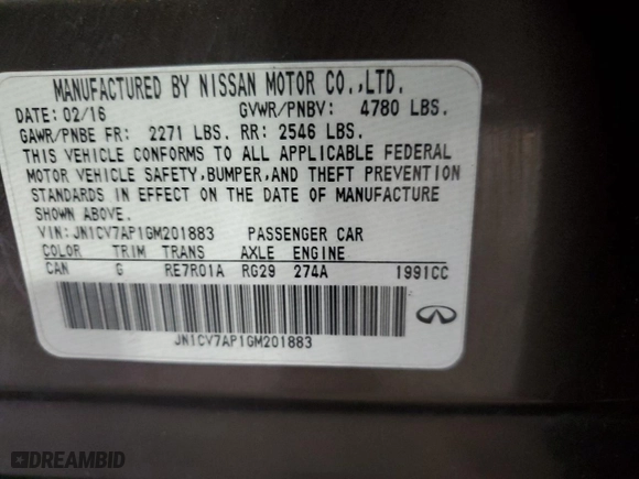 2016 Infiniti Q50 2.0t Premium with VIN JN1CV7AP1GM201883, listed as a Copart auction lot 89375205 with 333333 miles and Clean Title. Bid and sale history available at carsss.com. Image 13.