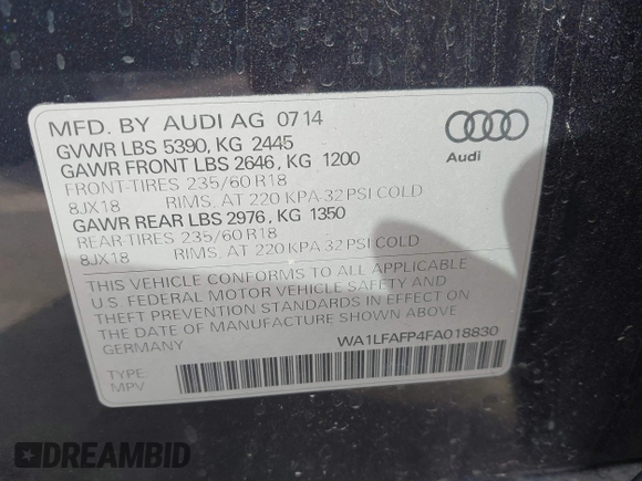 2015 Audi Q5 Premium Plus with VIN WA1LFAFP4FA018830, listed as a IAAI auction lot 41916767 with 114,234 mi miles. Bid and sale history available at carsss.com. Image 9.