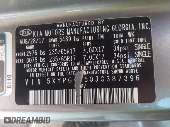 2018 Kia Sorento LX with VIN 5XYPG4A50JG387396, listed as a IAAI auction lot 40848247 with Not Provided miles and . Bid and sale history available at DreamBid. Image 9.