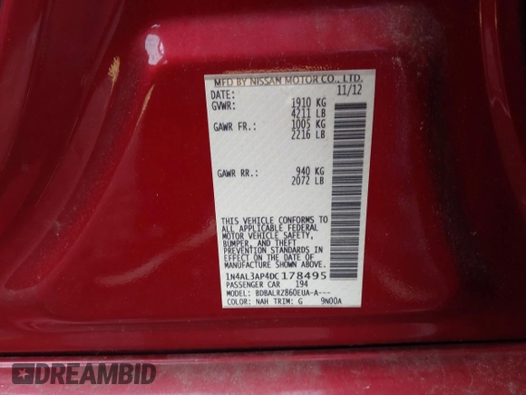 2013 Nissan Altima SV with VIN 1N4AL3AP4DC178495, listed as a IAAI auction lot 42165637 with 80,437 mi miles and . Bid and sale history available at carsss.com. Image 9.