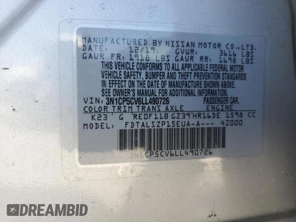 2020 Nissan Kicks SV with VIN 3N1CP5CV6LL490726, listed as a Copart auction lot 49551945 with 116,910 mi miles and Salvage Title. Bid and sale history available at DreamBid. Image 15.