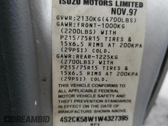 1998 Isuzu Rodeo S z VIN 4S2CK58W1W4327395, wystawiony jako Copart lot #44400715 z przebiegiem 193 659 mil mil oraz Szkoda całkowita • Salvage title. Historia ofert i sprzedaży dostępna na DreamBid. Obrazek 13.