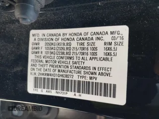 2016 Honda CR-V LX with VIN 2HKRM4H31GH638272, listed as a IAAI auction lot 42007903 with 188,786 mi miles. Bid and sale history available at carsss.com. Image 9.