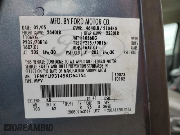 2005 Ford Escape XLT with VIN 1FMYU93145KD64154, listed as a Copart auction lot 74373964 with 85,906 mi miles and Salvage Title. Bid and sale history available at DreamBid. Image 12.