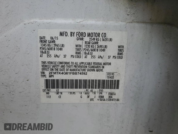 2015 Ford Edge SE with VIN 2FMTK4G81FBB74592, listed as a Copart auction lot 56417845 with 113,084 mi miles and Salvage title. Bid and sale history available at DreamBid. Image 12.