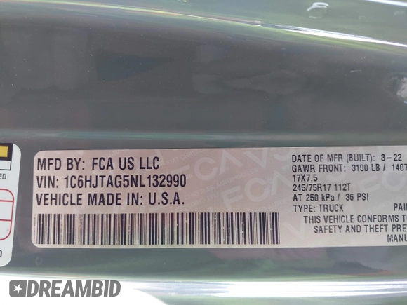 2022 Jeep Gladiator Texas Trail with VIN 1C6HJTAG5NL132990, listed as a IAAI auction lot 42514388 with 38,601 mi miles and . Bid and sale history available at DreamBid. Image 9.