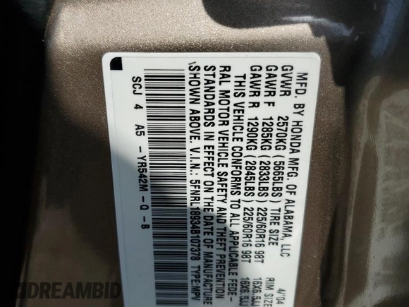 2004 Honda Odyssey EX-L with VIN 5FNRL18934B107378, listed as a Copart auction lot 51972795 with 186,043 mi miles and Salvage Title. Bid and sale history available at DreamBid. Image 15.