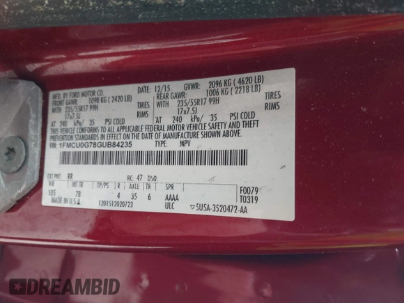 2016 Ford Escape SE with VIN 1FMCU0G78GUB84235, listed as a IAAI auction lot 41924954 with 120,898 mi miles. Bid and sale history available at carsss.com. Image 9.