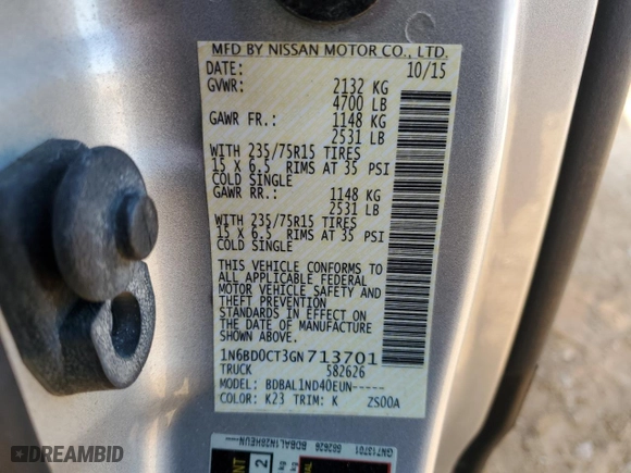 2016 Nissan Frontier S with VIN 1N6BD0CT3GN713701, listed as a Copart auction lot 44239925 with 0 mi miles and Salvage Title. Bid and sale history available at carsss.com. Image 13.
