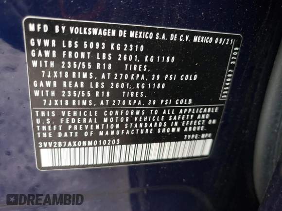 2022 Volkswagen Tiguan SE с VIN 3VV2B7AX0NM010203, выставлен на аукционе Copart как лот 60941455 с пробегом 43 011 миль миль и Списание • Salvage title. История ставок и продаж доступна на DreamBid. Изображение 13.