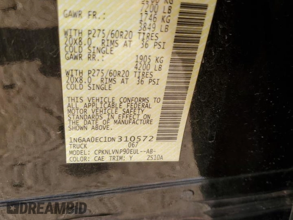 2013 Nissan Titan SV with VIN 1N6AA0EC1DN310572, listed as a Copart auction lot 50017235 with 114,349 mi miles and Salvage title. Bid and sale history available at DreamBid. Image 13.
